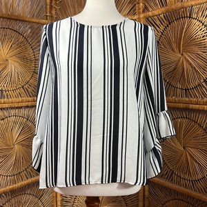 good looking vertical striped W5 polyester tunic blouse, med, navy/white